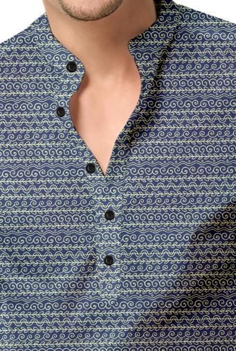 Men's Printed Spread Collar Casual Shirt Navy Blue - Genzlyf