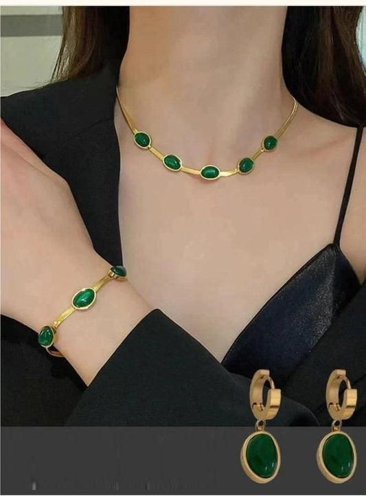 Oval Green Crystal Pendant Necklace Set With Bracelet - Genzlyf