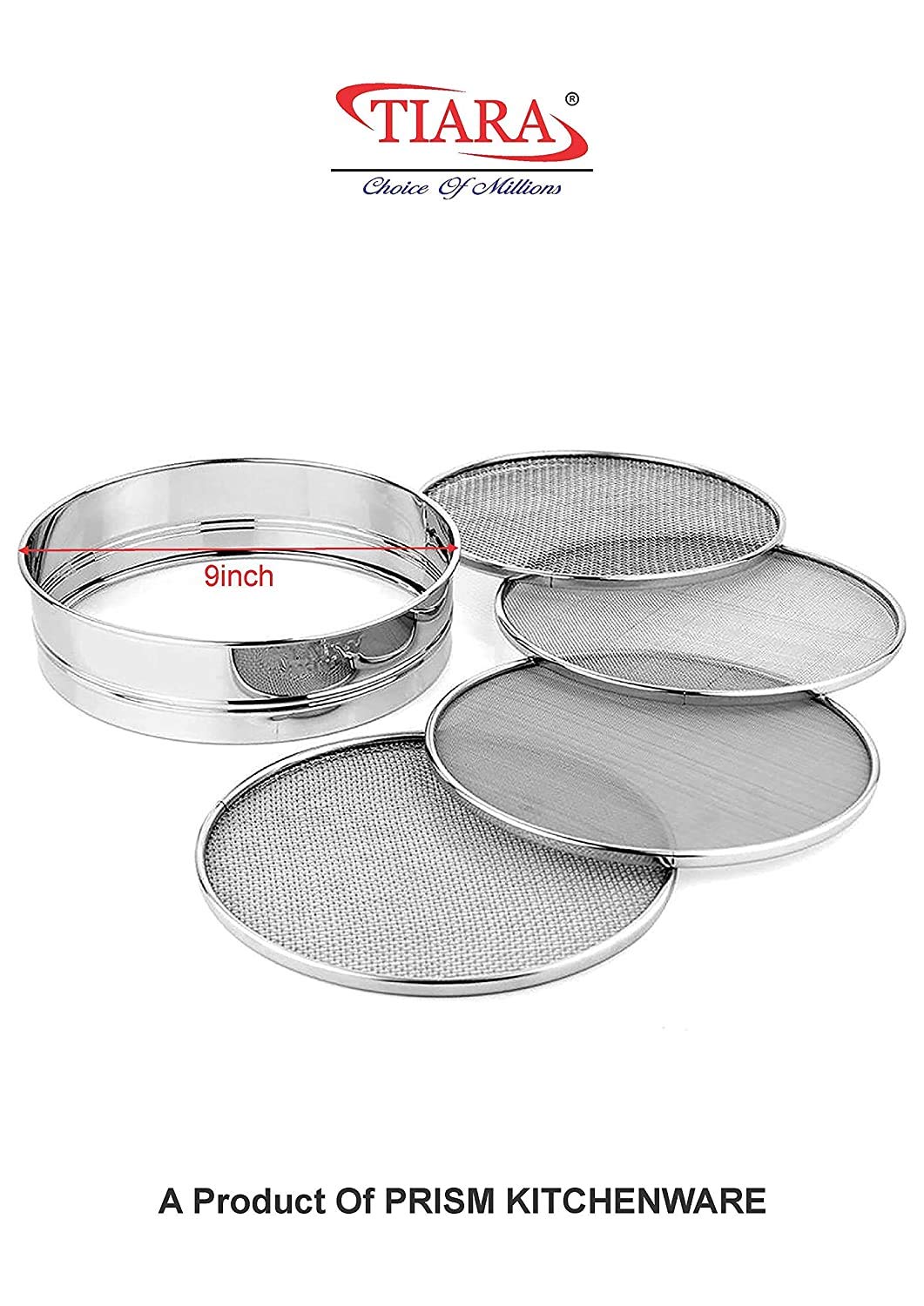 TIARA - Krishna 4 in 1 Stainless Steel Interchangeable Sieve Set of 5, Flour Chalni, Spices, Food Strainers, Atta Chalni, Jaali Channi Atta Maida Strainer, 22L x 22W x 6H centimeters, Silver - GenZlyf