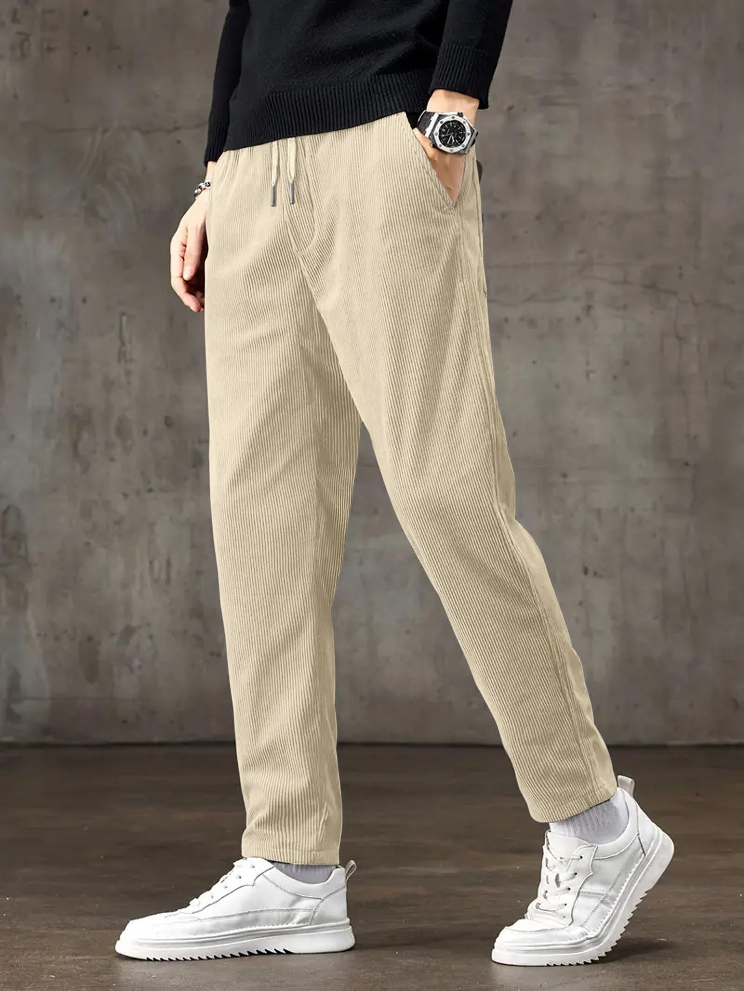 Samfor Men's Comfortable Corduroy Pants | Relaxed Fit Stretch Waist Trousers for Everyday Wear Cream