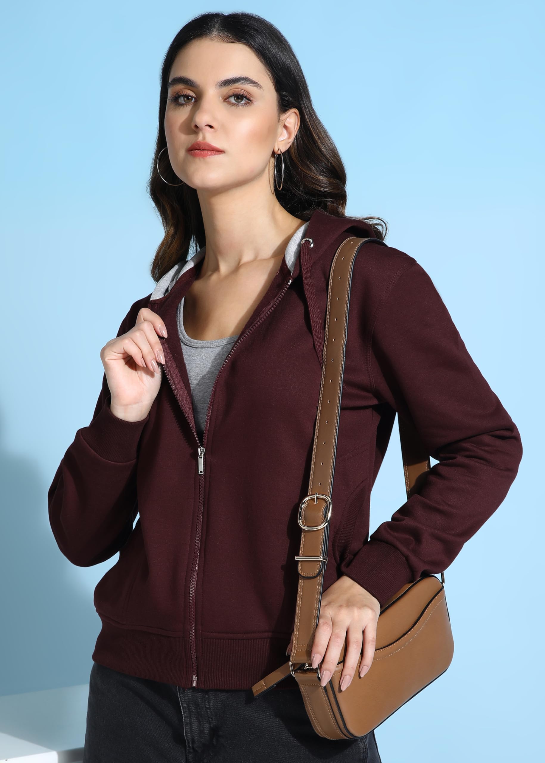 Alan Jones Clothing Women's Solid Zipper Hooded Sweatshirt | Front Zip, Ribbed Hem, Lined Hood, Casual Winter Wear (Wine_M) - GenZlyf