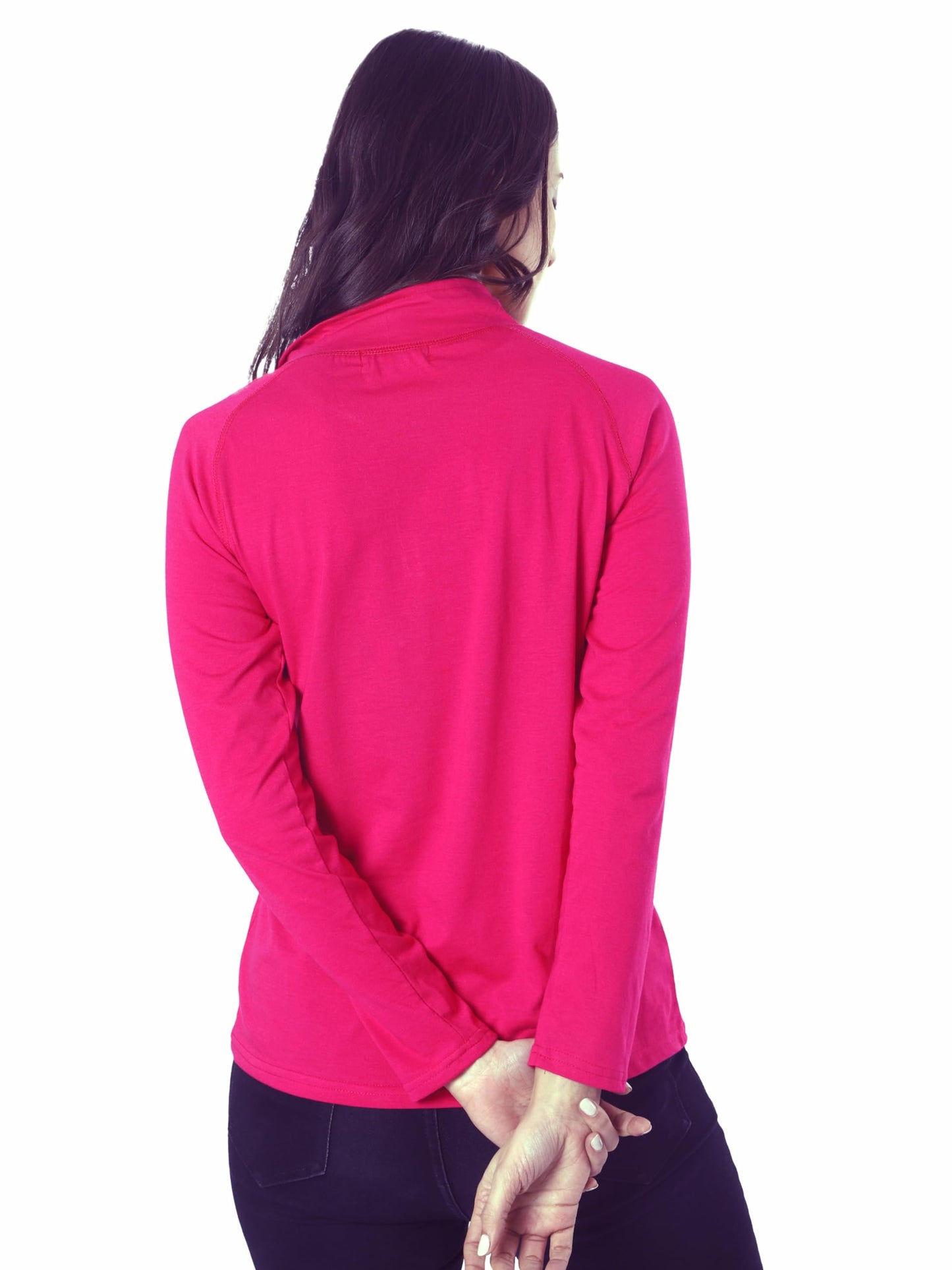 London Hills Cotton Blend Solid Women Regular Fit T-Shirt Full Sleeve Zipper Tshirt For Women (Magenta), Large