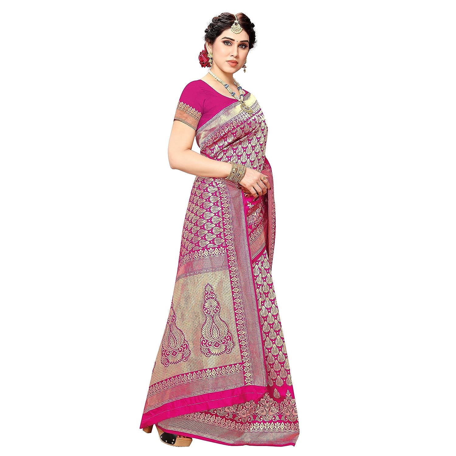 Yashika Women's Trendy Banarasi Kanjivaram Pink Color Art Silk Saree with Blouse Material (MALIYA PINK) - GenZlyf
