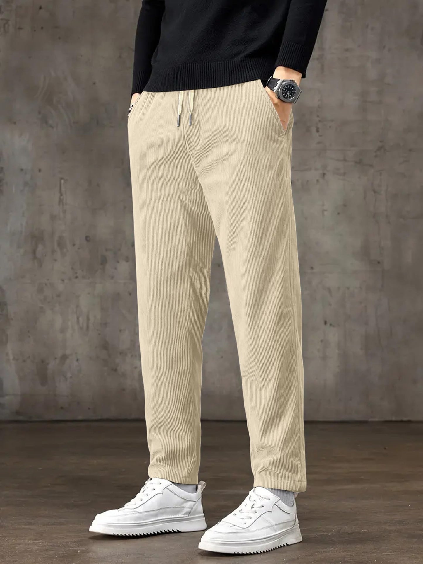 Samfor Men's Comfortable Corduroy Pants | Relaxed Fit Stretch Waist Trousers for Everyday Wear Cream