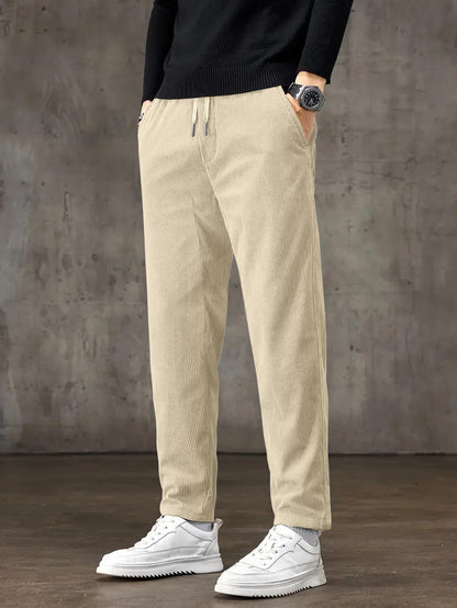 Samfor Men's Comfortable Corduroy Pants | Relaxed Fit Stretch Waist Trousers for Everyday Wear Cream