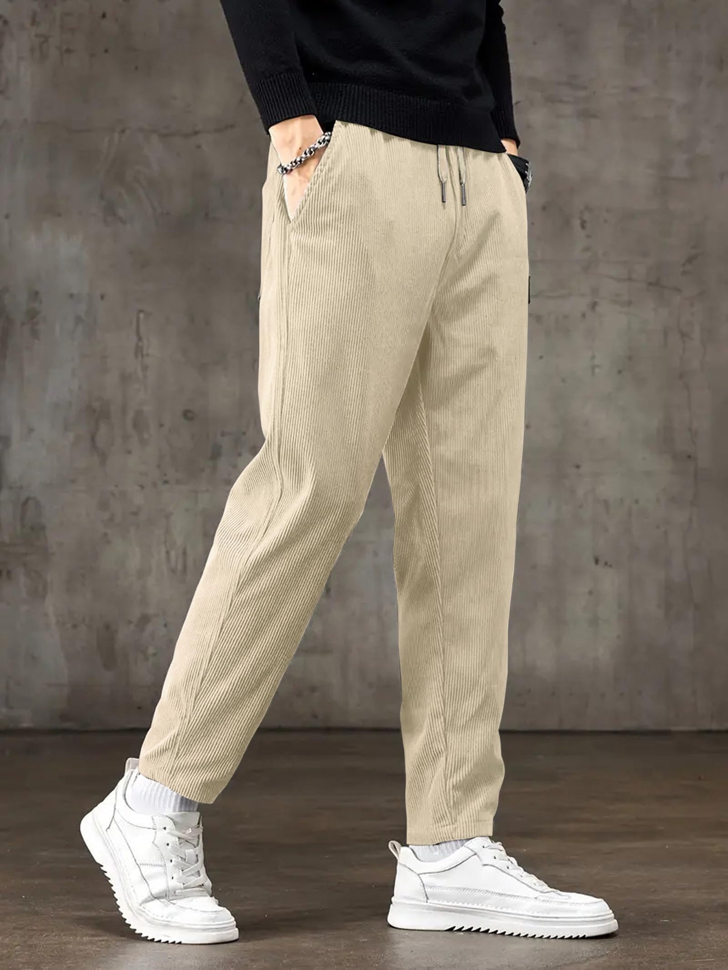 Samfor Men's Comfortable Corduroy Pants | Relaxed Fit Stretch Waist Trousers for Everyday Wear Cream
