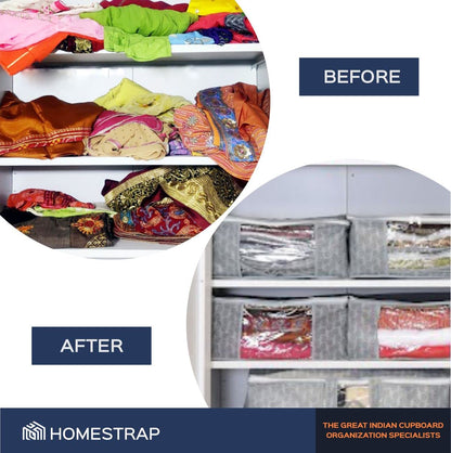 Homestrap Set of 6 Non-Woven Printed Saree Cover/Cloth Storage/Wardrobe Organizer For Clothes with Transparent Window (Grey)(Shark Tank Featured) 45cmx33cmx22cm