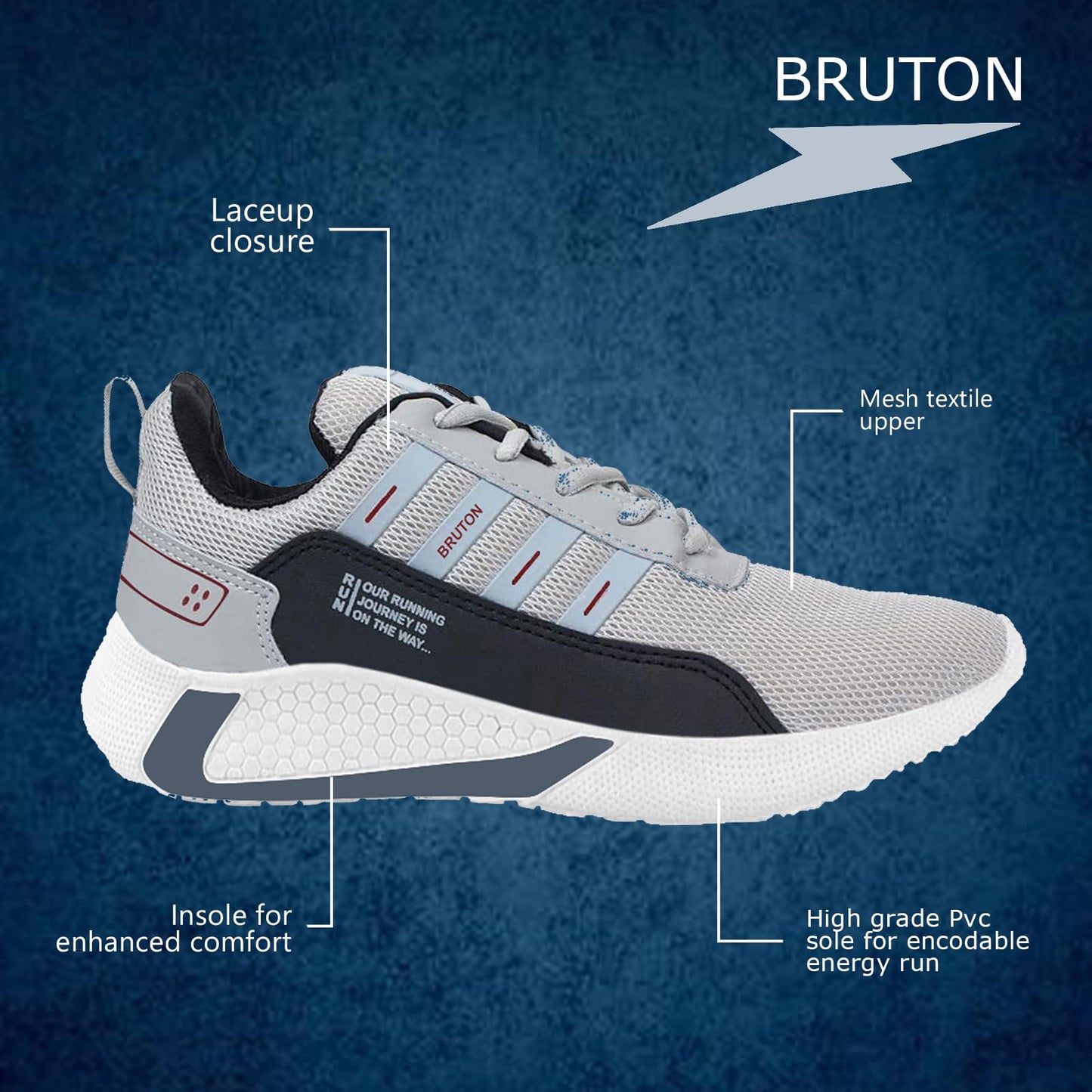 BRUTON Exclusive Trendy, Casual, Sports Shoes for Men, Running Shoes for Men (Black Grey, Size : 6)