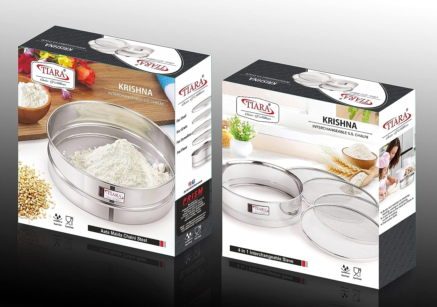 TIARA - Krishna 4 in 1 Stainless Steel Interchangeable Sieve Set of 5, Flour Chalni, Spices, Food Strainers, Atta Chalni, Jaali Channi Atta Maida Strainer, 22L x 22W x 6H centimeters, Silver - GenZlyf