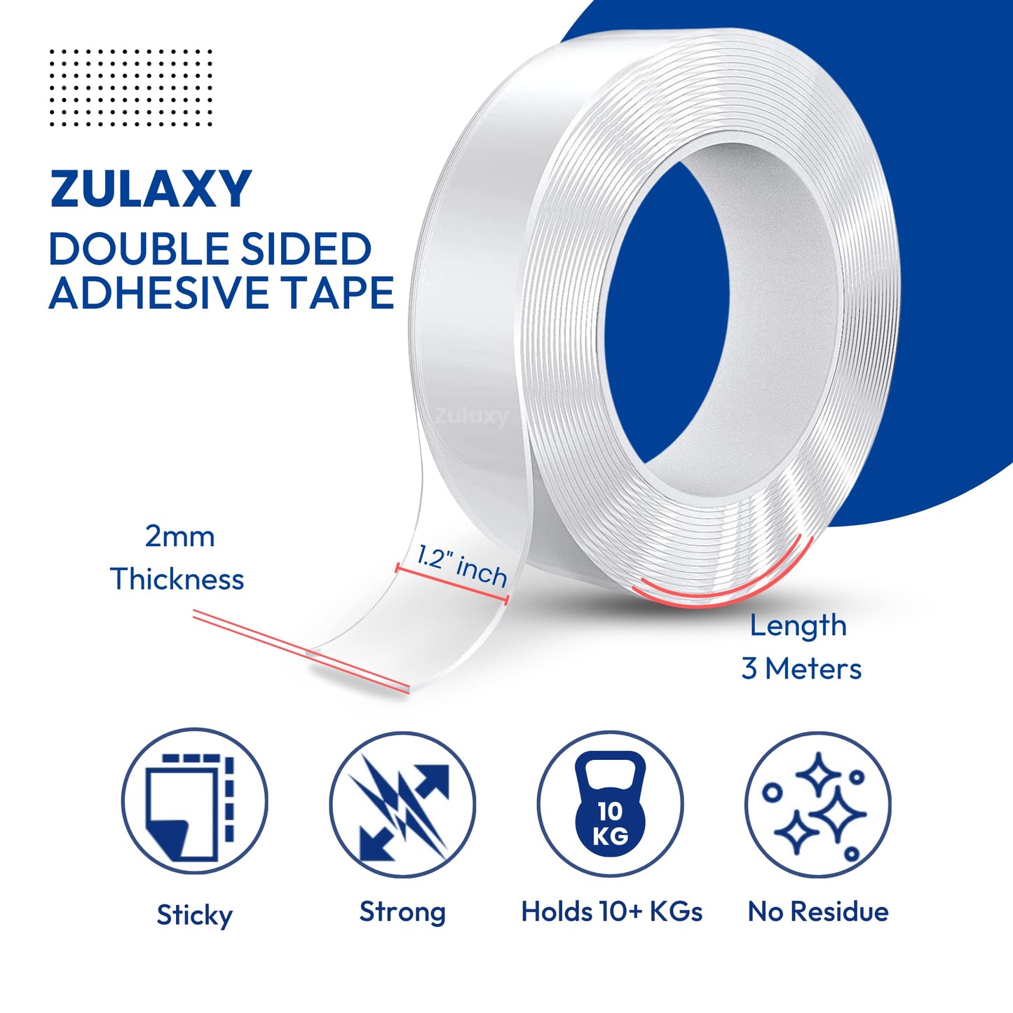 Zulaxy Double Sided Tape Heavy Duty for Wall, Strong Adhesive Transparent Nano Tape 3 Meter | Multipurpose Mounting Tape for Home, Office & Car Without Peeling Paint (Pack of 1)