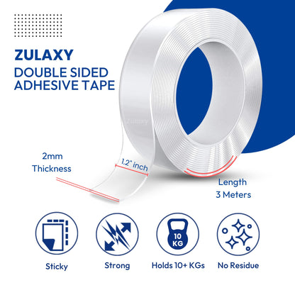 Zulaxy Double Sided Tape Heavy Duty for Wall, Strong Adhesive Transparent Nano Tape 3 Meter | Multipurpose Mounting Tape for Home, Office & Car Without Peeling Paint (Pack of 1)
