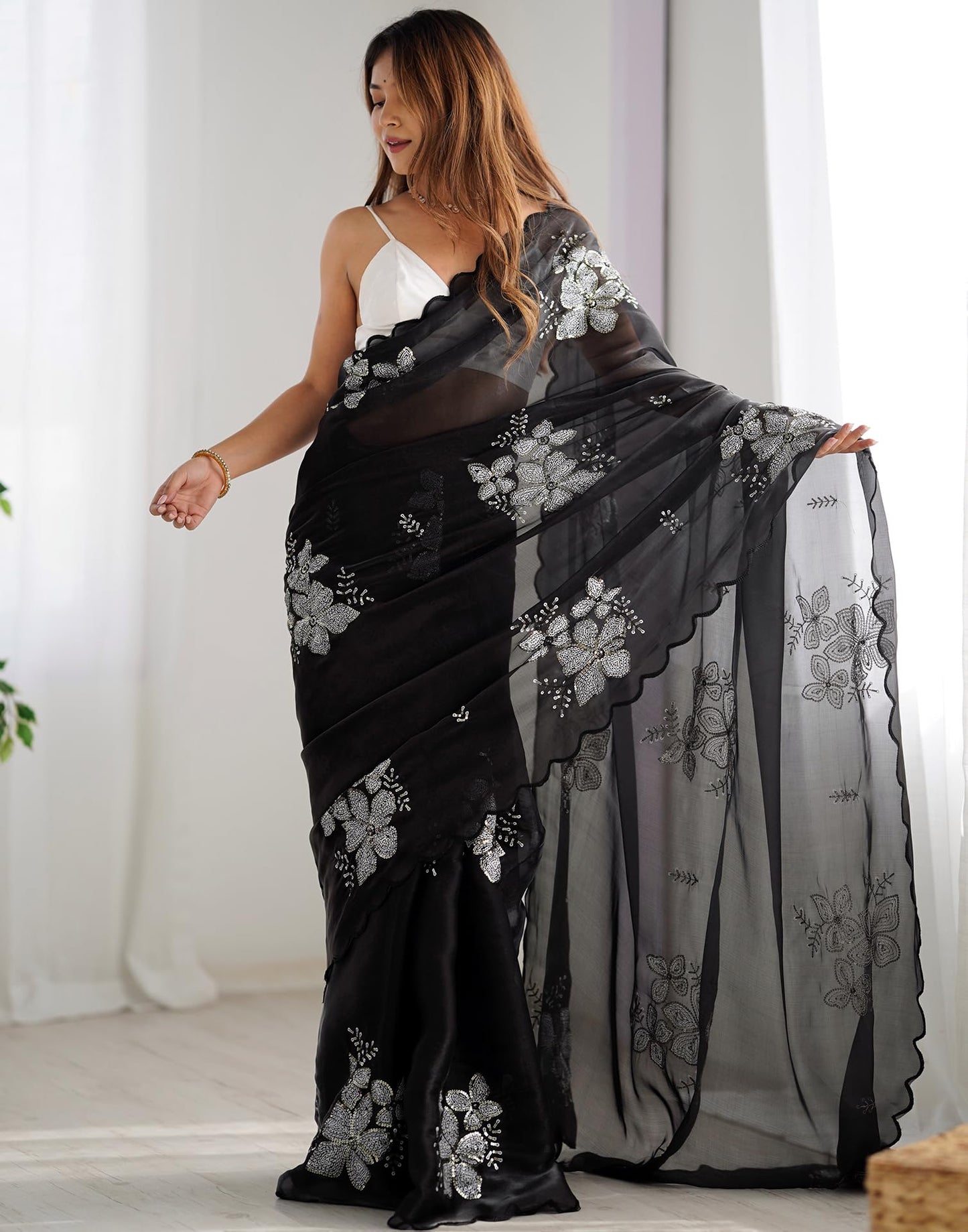 SIRIL Women's Shimmer Chiffon Saree | Sequence Embroidery Saree With Unstitched Blouse Piece (3997S126A_Black)