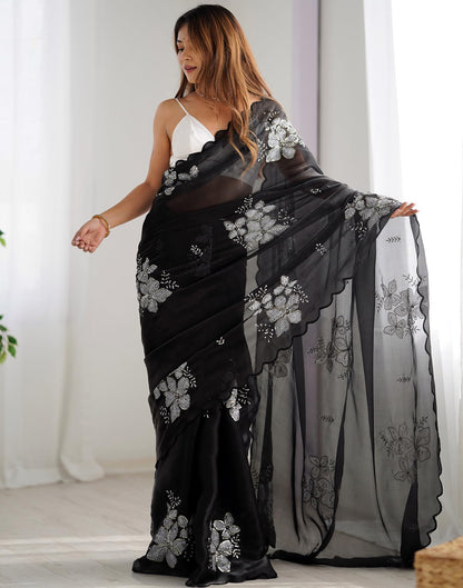 SIRIL Women's Shimmer Chiffon Saree | Sequence Embroidery Saree With Unstitched Blouse Piece (3997S126A_Black)