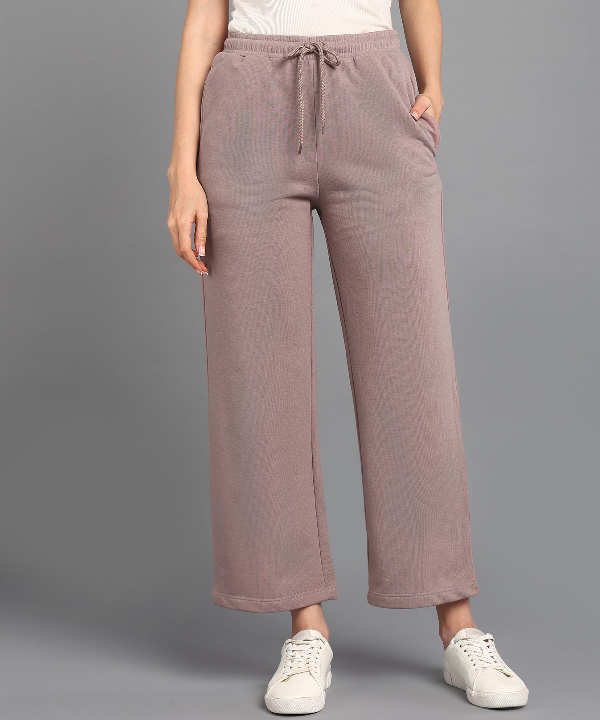Alan Jones Clothing Women Mid Rise Solid Relaxed Fit Wide Leg Track Pants | Heavy Gsm Cotton Blend | Elastic Waist With Drawstring, Side Pockets (Dusty Pink_2Xl) - GenZlyf
