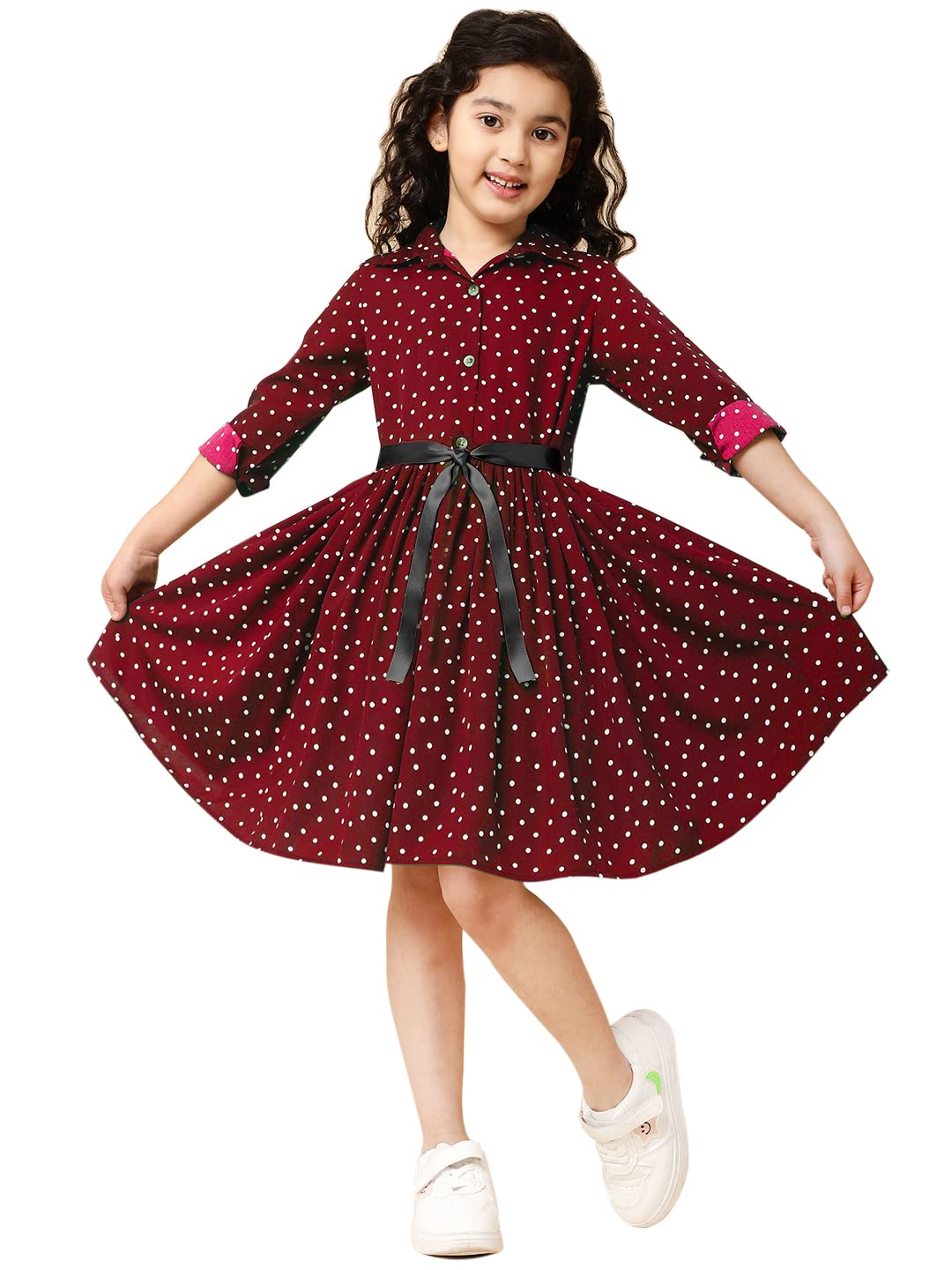 A.T.U.N. (ALL THINGS UBER NICE) Girl's Synthetic A-Line Knee Long Casual Dress (GDRS SHT MPD_Maroon_7-8 Years) - GenZlyf