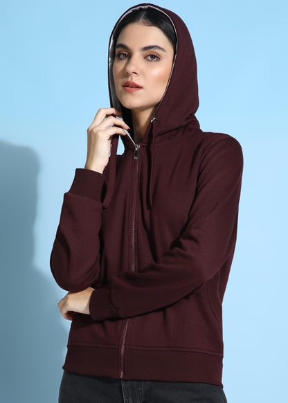 Alan Jones Clothing Women's Solid Zipper Hooded Sweatshirt | Front Zip, Ribbed Hem, Lined Hood, Casual Winter Wear (Wine_M) - GenZlyf
