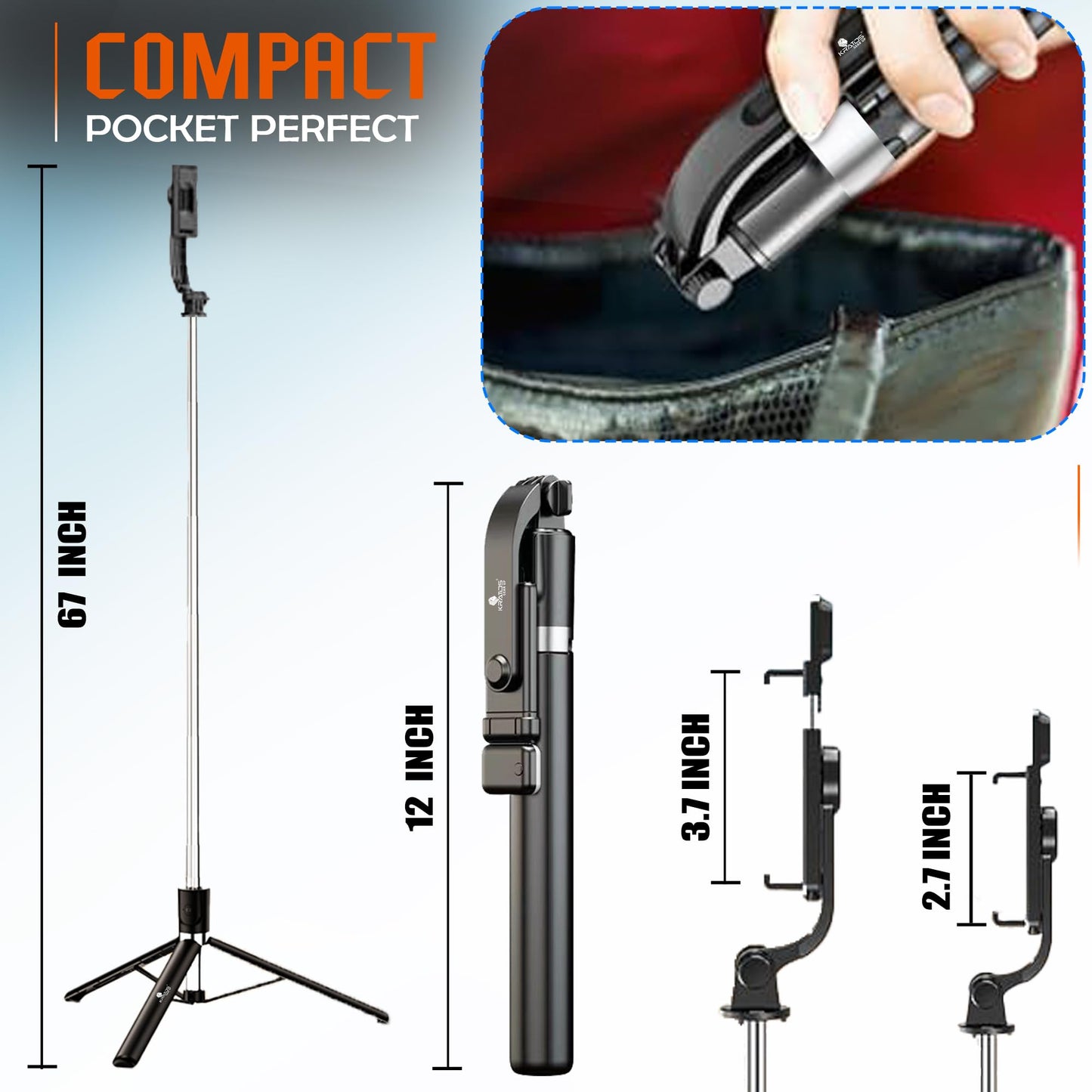 Kratos K9 Selfie Stick Tripod With Light, 67 inch /170CM Reinforced Tripod for Mobile Phone, Multi-Functional Bluetooth Long Selfie Stick for Travel,Vlogging,Compatible with iPhone and All Smartphones