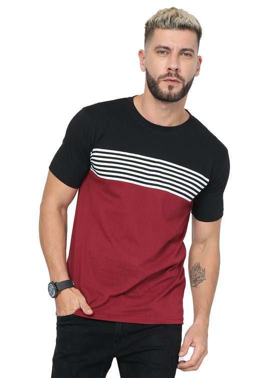 fanideaz Mens Cotton Regular Fit Half Sleeve Branded Striped Tshirt _Marron_2XL, Multicolor - GenZlyf