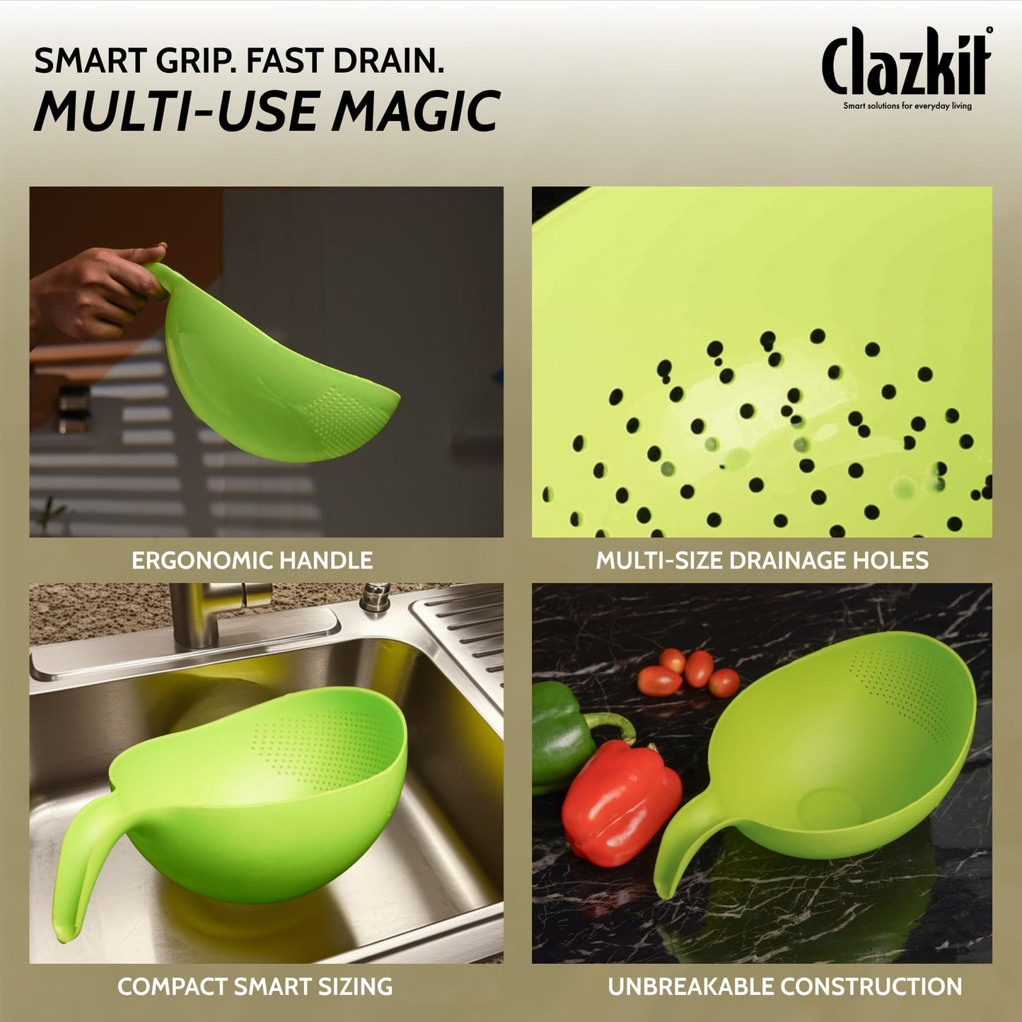 Clazkit Multi-Purpose Strainer or Washer Bowl for Rice Fruits & Vegetable Rice Bowl Color May Vary, Plastic - 10.2 x 17.5 x 24.3 Centimeters