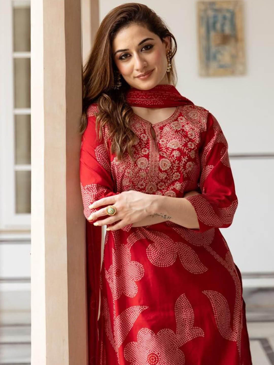 ANNI Designer Women's Rayon Viscose Printed Straight Kurta with Pant & Dupatta (Heba Pink_XL_Pink_X-Large)