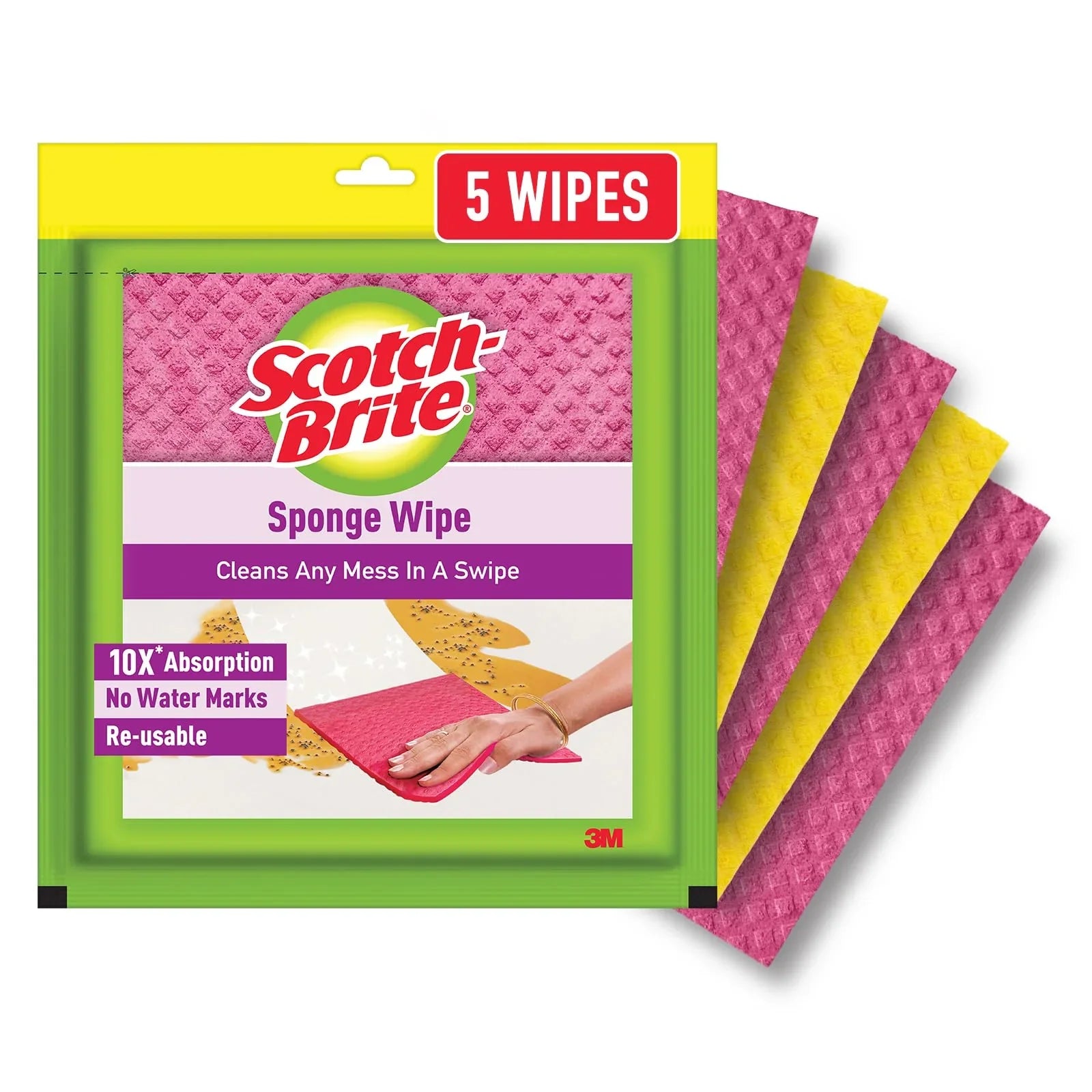 Scotch-Brite Sponge Wipe Resusable Kitchen Cleaning foam Cellulose wood Sponge- Easy to use, Multi- color & Biodegradable (pack of 5) - GenZlyf