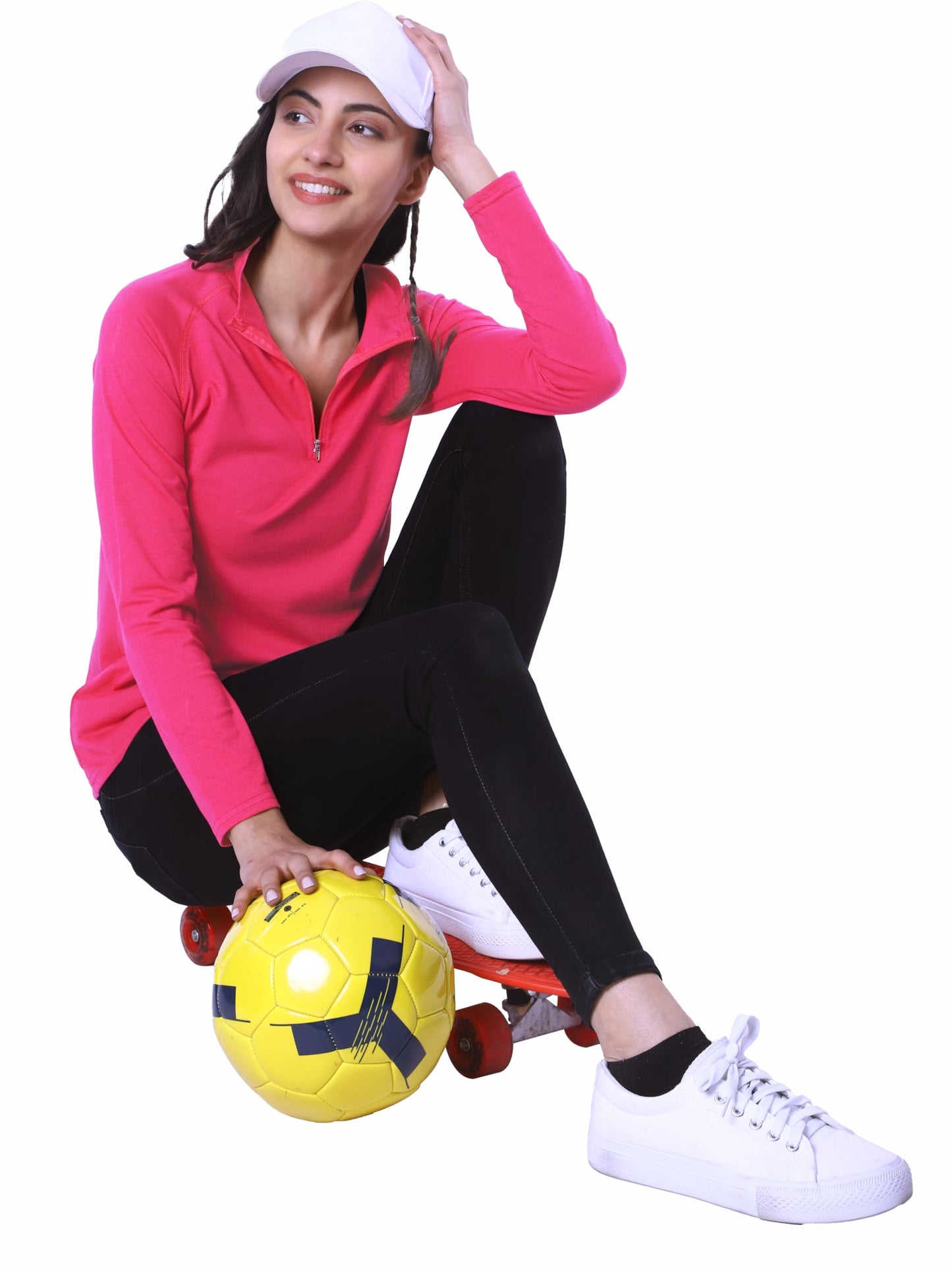 London Hills Cotton Blend Solid Women Regular Fit T-Shirt Full Sleeve Zipper Tshirt For Women (Magenta), Large