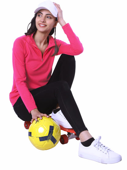 London Hills Cotton Blend Solid Women Regular Fit T-Shirt Full Sleeve Zipper Tshirt For Women (Magenta), Large