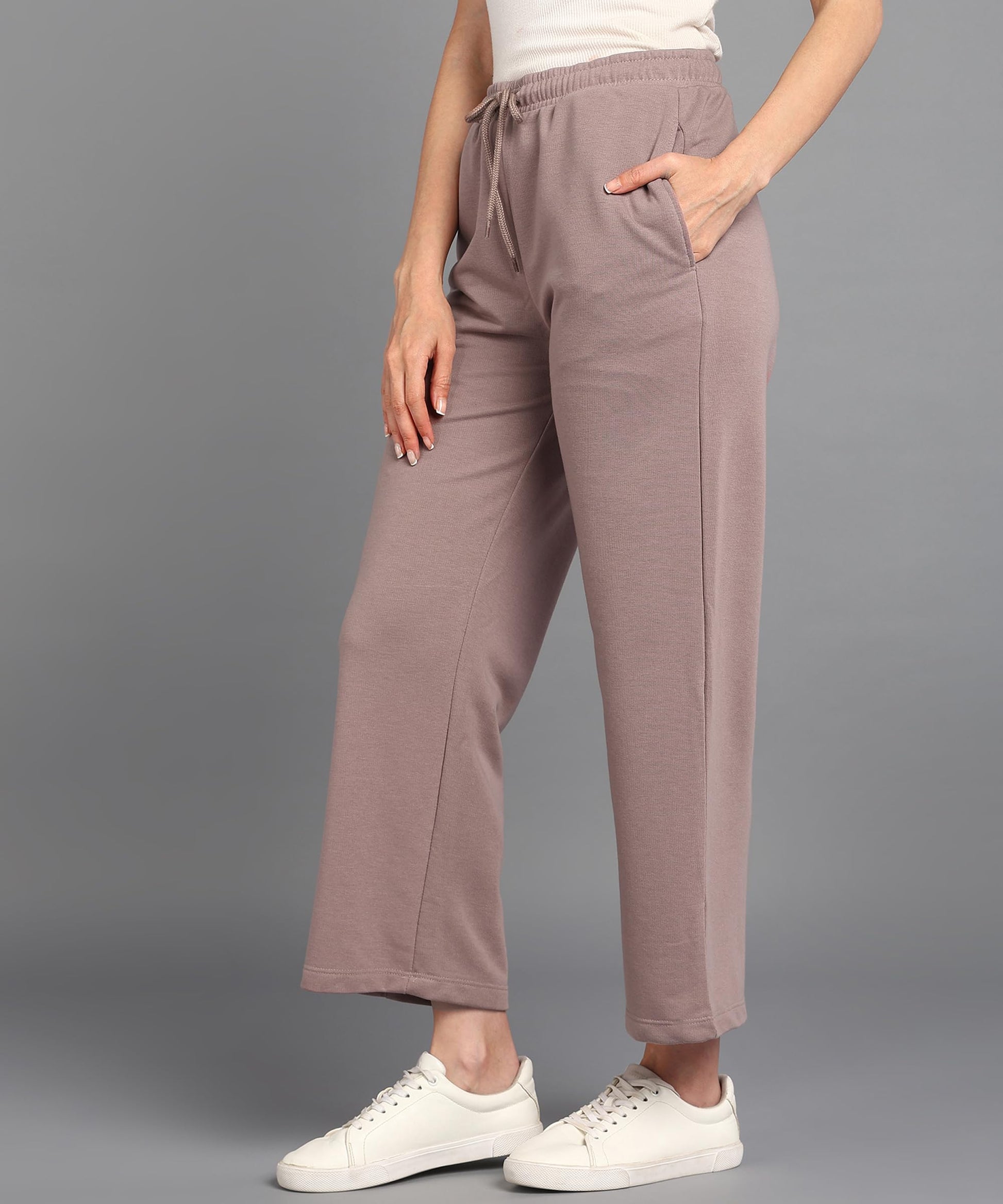 Alan Jones Clothing Women Mid Rise Solid Relaxed Fit Wide Leg Track Pants | Heavy Gsm Cotton Blend | Elastic Waist With Drawstring, Side Pockets (Dusty Pink_2Xl) - GenZlyf