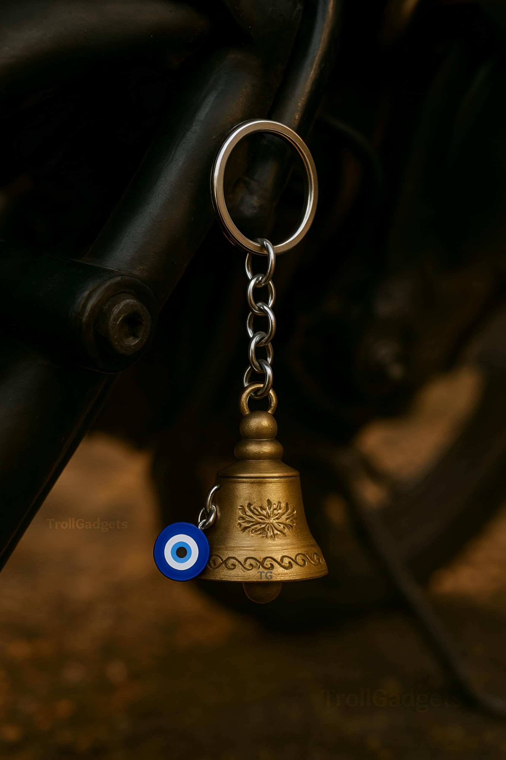 TrollGadgets® Guardian Bell Keychain for Bike & Car | Tibetan Texture Bell Keychain with Evil Eye & Silver Hook | Good Luck Charm - GenZlyf