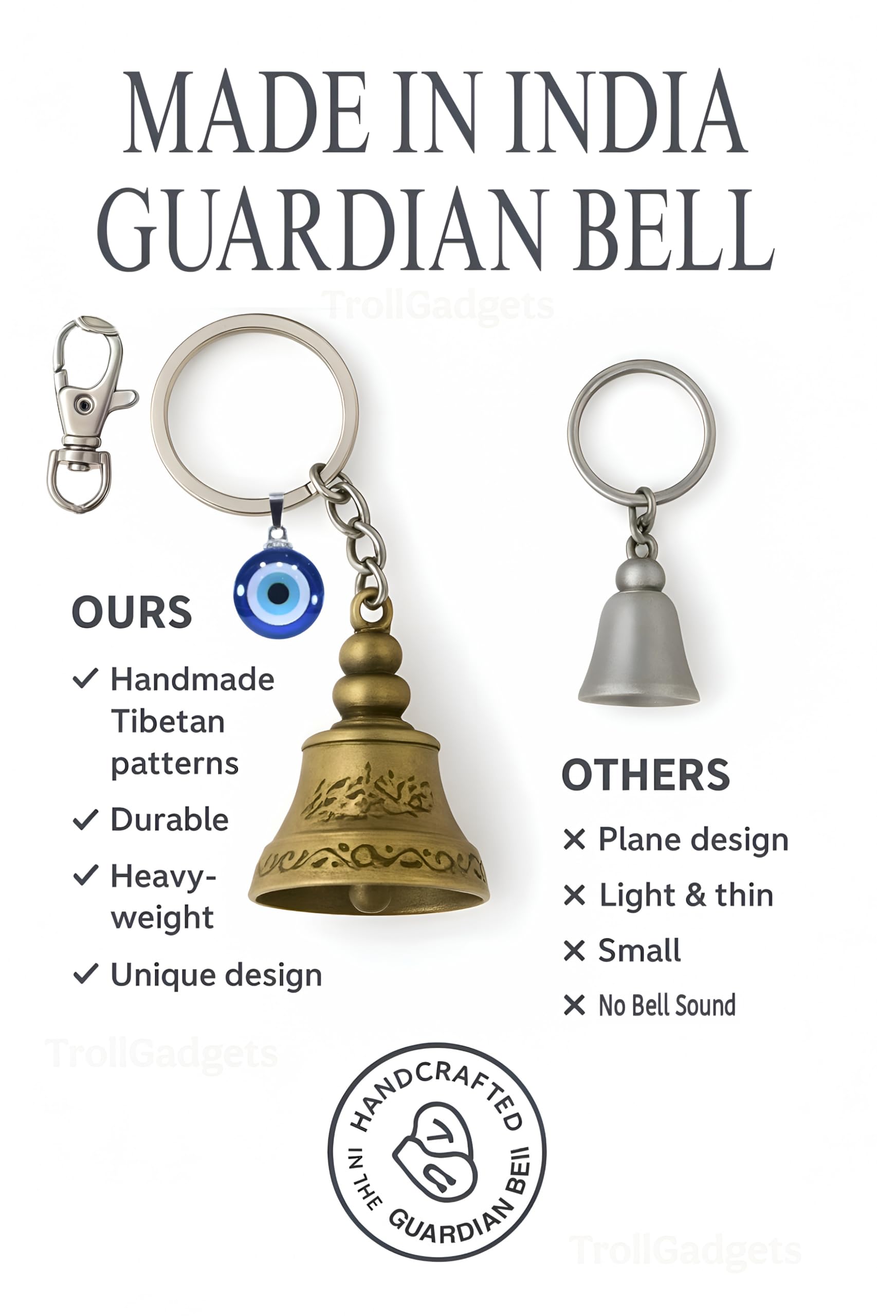 TrollGadgets® Guardian Bell Keychain for Bike & Car | Tibetan Texture Bell Keychain with Evil Eye & Silver Hook | Good Luck Charm - GenZlyf