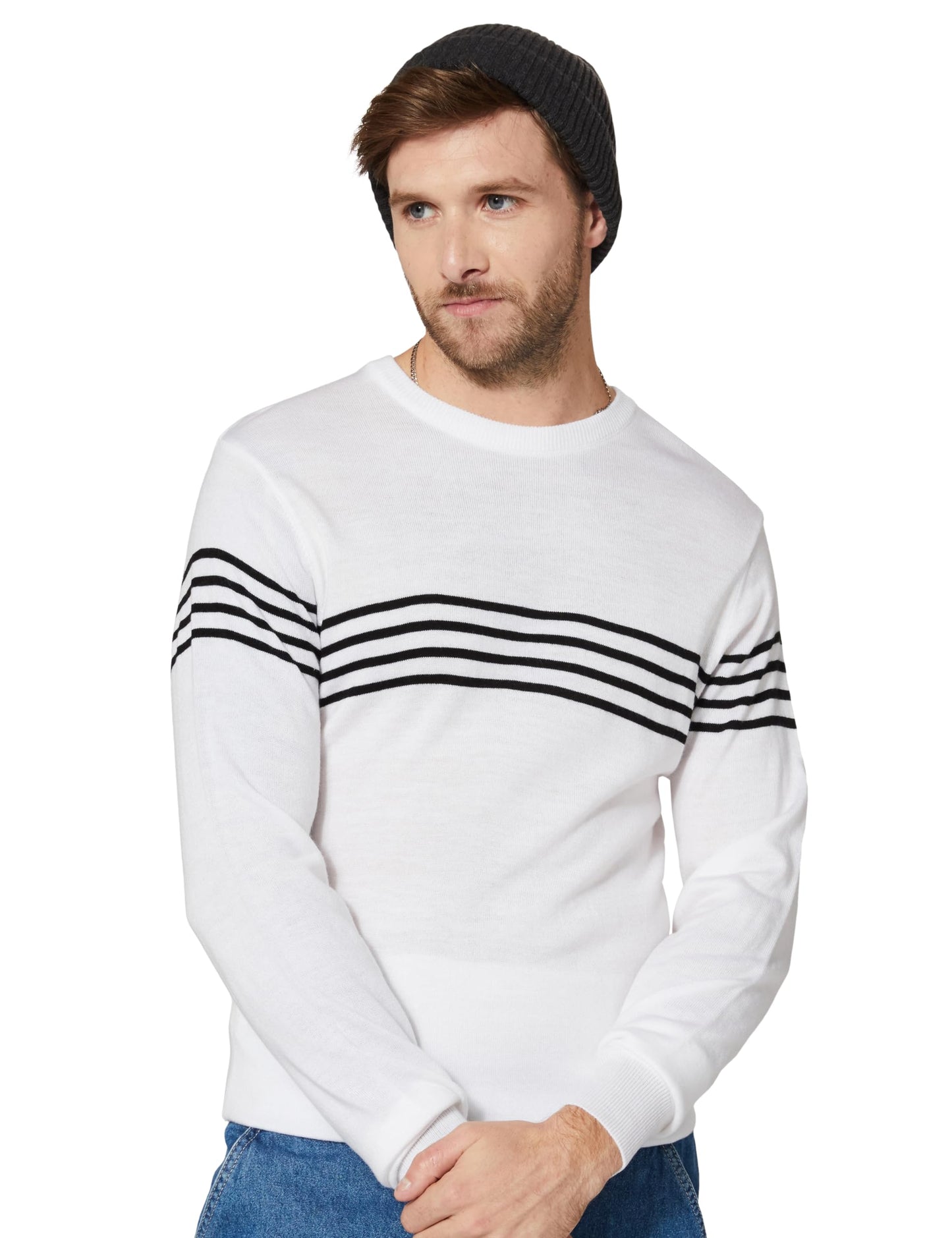 Amazon Brand - Symbol Men's Acrylic Crew Neck Pullover Sweater (SYM-A23-SWT-03_White,Black_S) - GenZlyf