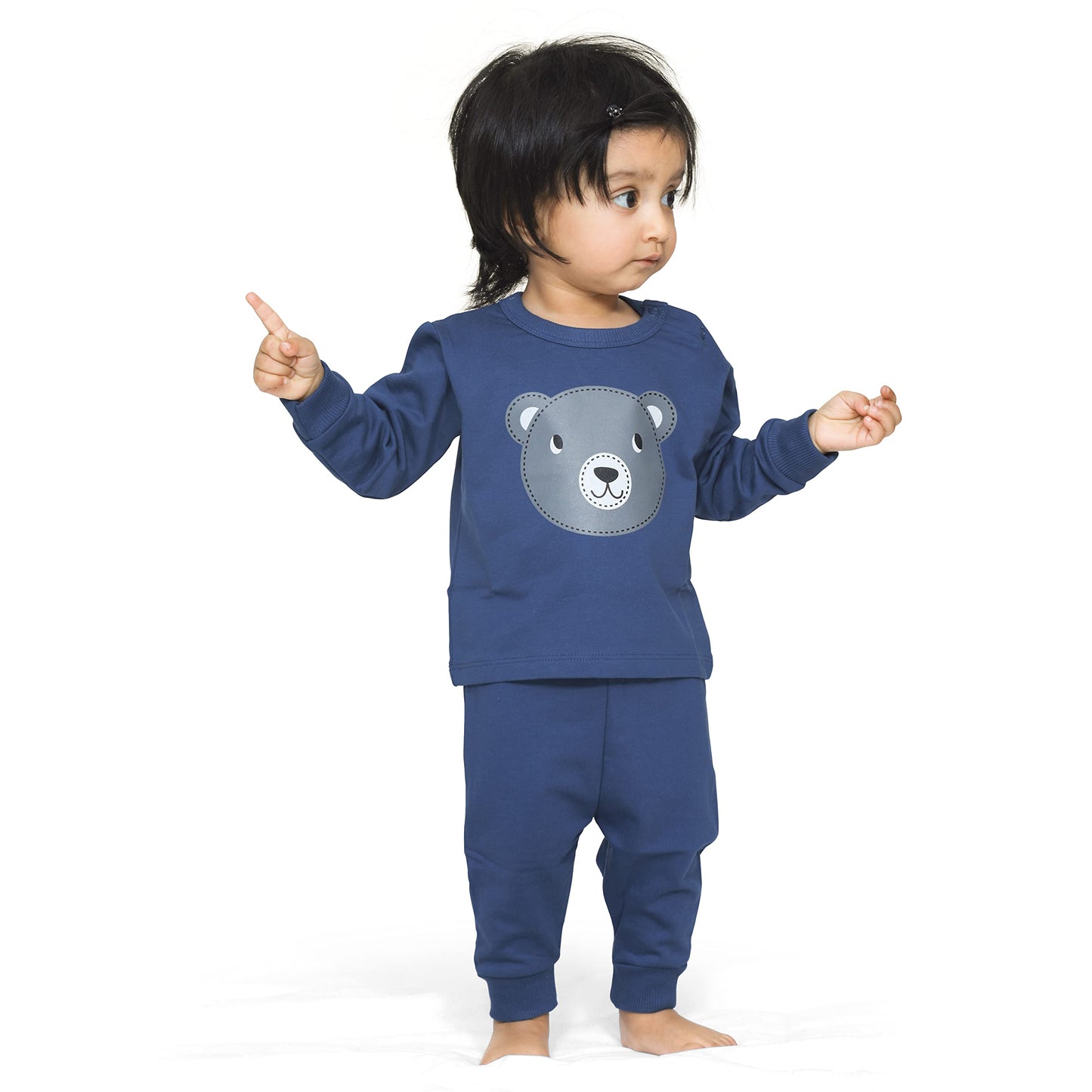 Real Basics Cotton Fleece Clothing Sets For Boys & Girls - Unisex Winter Relaxed Clothing Sets Full Sleeve Pyjama Set -Size(12-18 Months) -Style(Navy Teddy) - GenZlyf