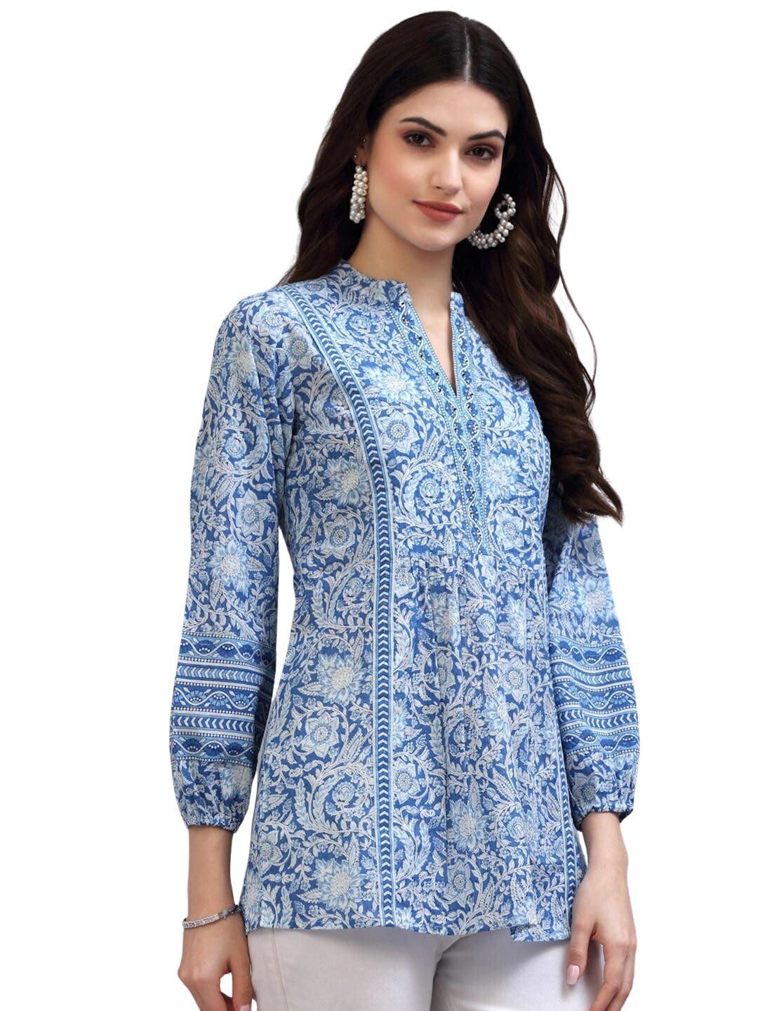 rytras Women's Floral Printed Rayon Top(Blue,Medium) - GenZlyf