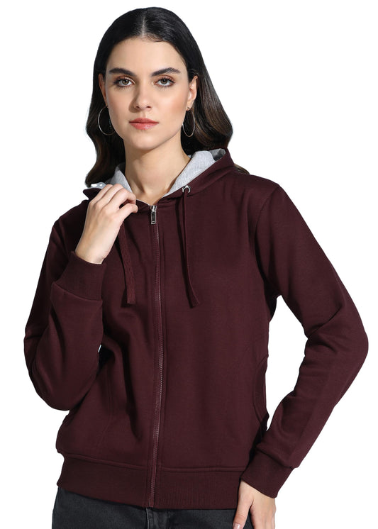 Alan Jones Clothing Women's Solid Zipper Hooded Sweatshirt | Front Zip, Ribbed Hem, Lined Hood, Casual Winter Wear (Wine_M) - GenZlyf