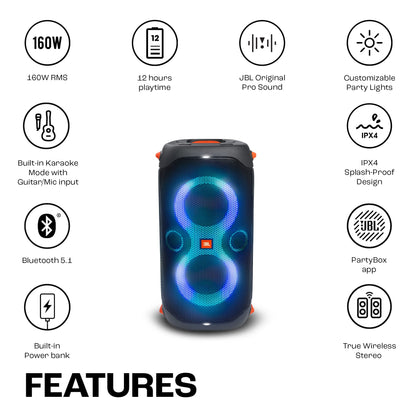 JBL Partybox 110, Wireless Bluetooth Party Speaker, 160W Monstrous Pro Sound, Dynamic Light Show, Upto 12Hrs Playtime, Built-in Powerbank, Guitar & Mic Input, PartyBox App, Splashproof (Black)