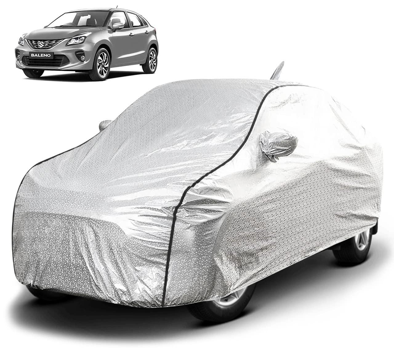 FABTEC Waterproof Car Body Cover for Maruti Baleno with Mirror and Antenna Pocket, Soft Cotton Lining, Triple Stitched (Heat Resistant Metallic Silver with Black Piping) - GenZlyf