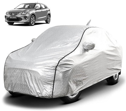 FABTEC Waterproof Car Body Cover for Maruti Baleno with Mirror and Antenna Pocket, Soft Cotton Lining, Triple Stitched (Heat Resistant Metallic Silver with Black Piping) - GenZlyf