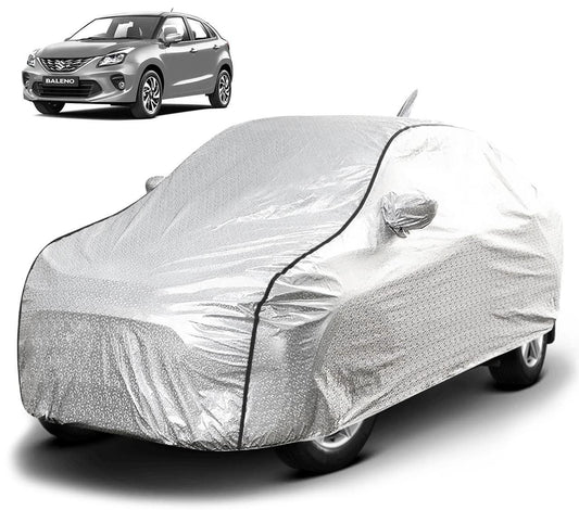 FABTEC Waterproof Car Body Cover for Maruti Baleno with Mirror and Antenna Pocket, Soft Cotton Lining, Triple Stitched (Heat Resistant Metallic Silver with Black Piping) - GenZlyf