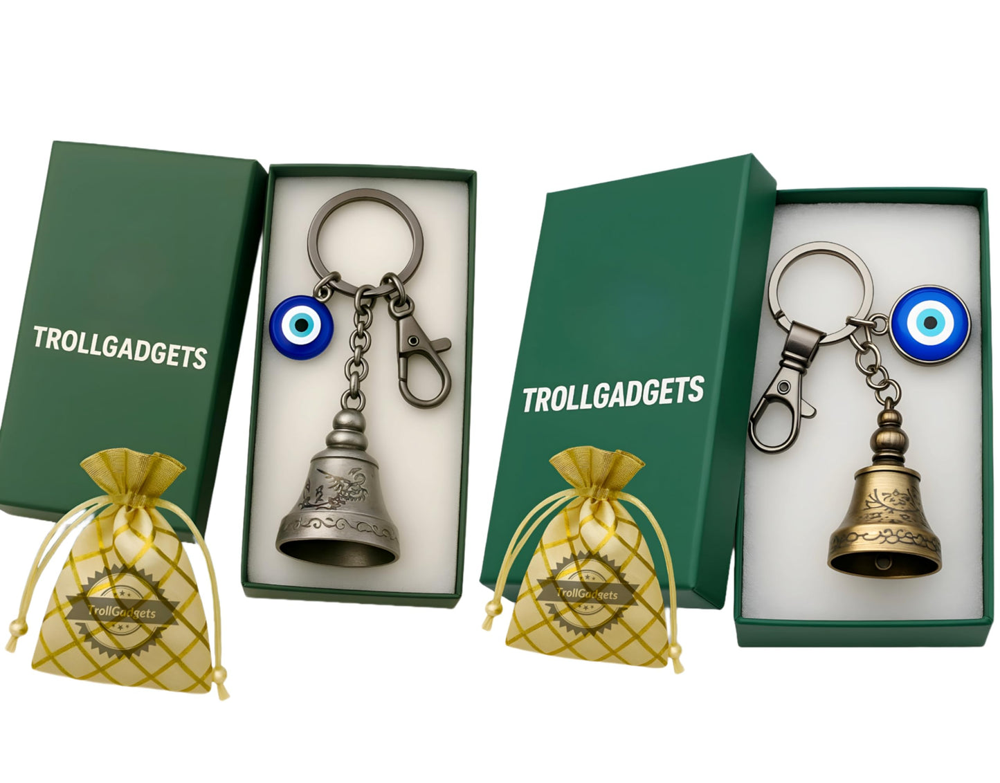 Troll Gadgets Combo of 2 Guardian Bell Keychain for Bike & Car | Tibetan Texture Bell Keychain with Evil Eye & Hook - GenZlyf