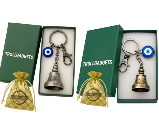 Troll Gadgets Combo of 2 Guardian Bell Keychain for Bike & Car | Tibetan Texture Bell Keychain with Evil Eye & Hook - GenZlyf
