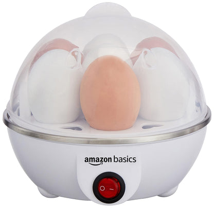 amazon basics Electric Egg Boiler | 350 Watt | Boils Upto 7 Eggs | Automatic Operation, 3 Boiling Modes | Overheat Protection | Stainless Steel Heating Plate, Measuring Cup | 75ml | Plastic | White