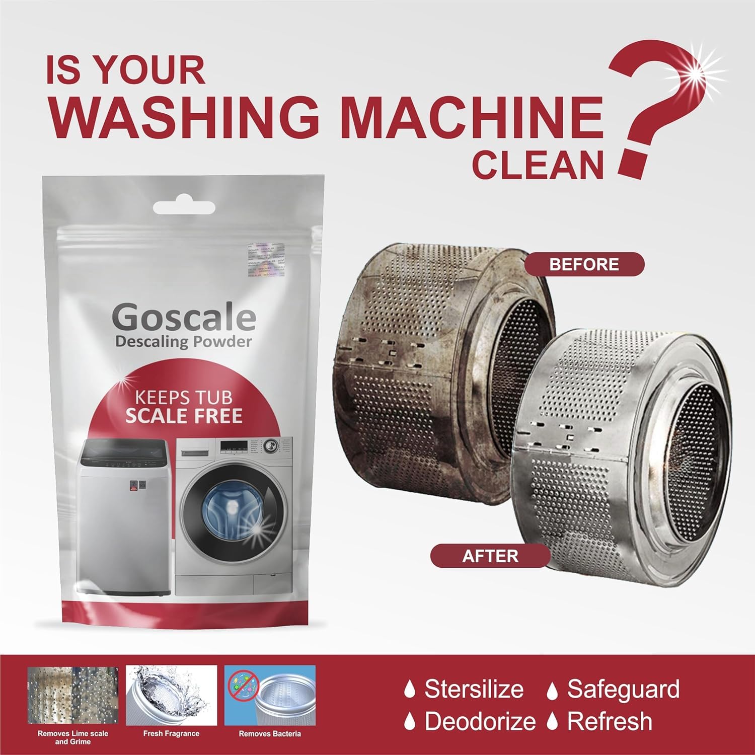 L G Washing Machine Cleaner Descale Powder Descaling Appliance Quick Drum Descale Deep Cleaning for Semi and Fully Automatic Front and Top Load Tub Clean Pouches 100g (Pack Of 4) - GenZlyf