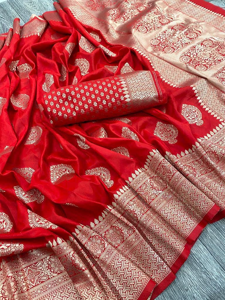 Flosive Women's Kanjivaram Silk Saree With Handloom Weaving Work With Blouse (RED R) - GenZlyf