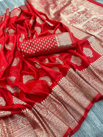 Flosive Women's Kanjivaram Silk Saree With Handloom Weaving Work With Blouse (RED R) - GenZlyf