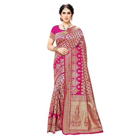 Yashika Women's Trendy Banarasi Kanjivaram Pink Color Art Silk Saree with Blouse Material (MALIYA PINK) - GenZlyf
