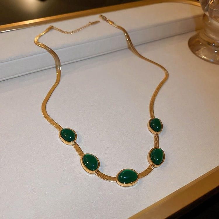 Oval Green Crystal Pendant Necklace Set With Bracelet - Genzlyf
