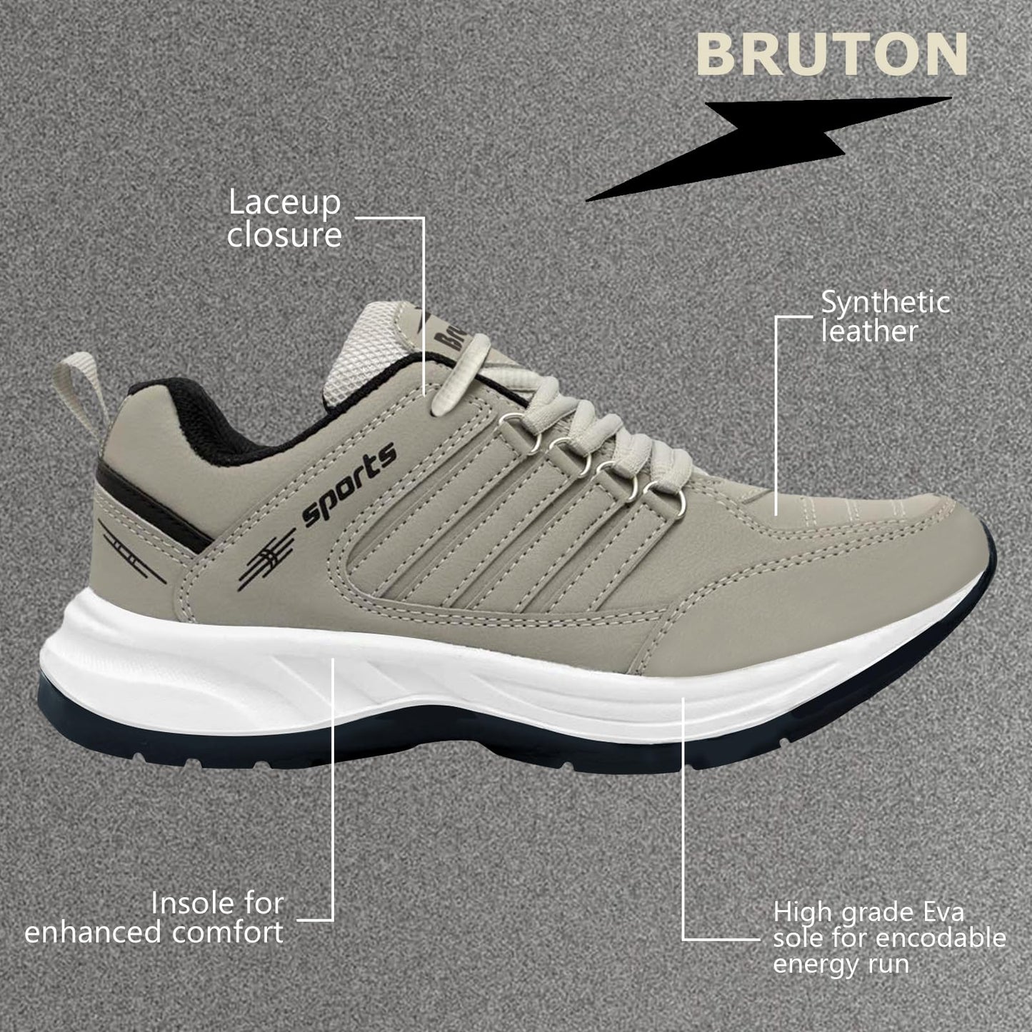 BRUTON EVA Lite Sport Shoes Running Shoes for Men- Grey, UK 6