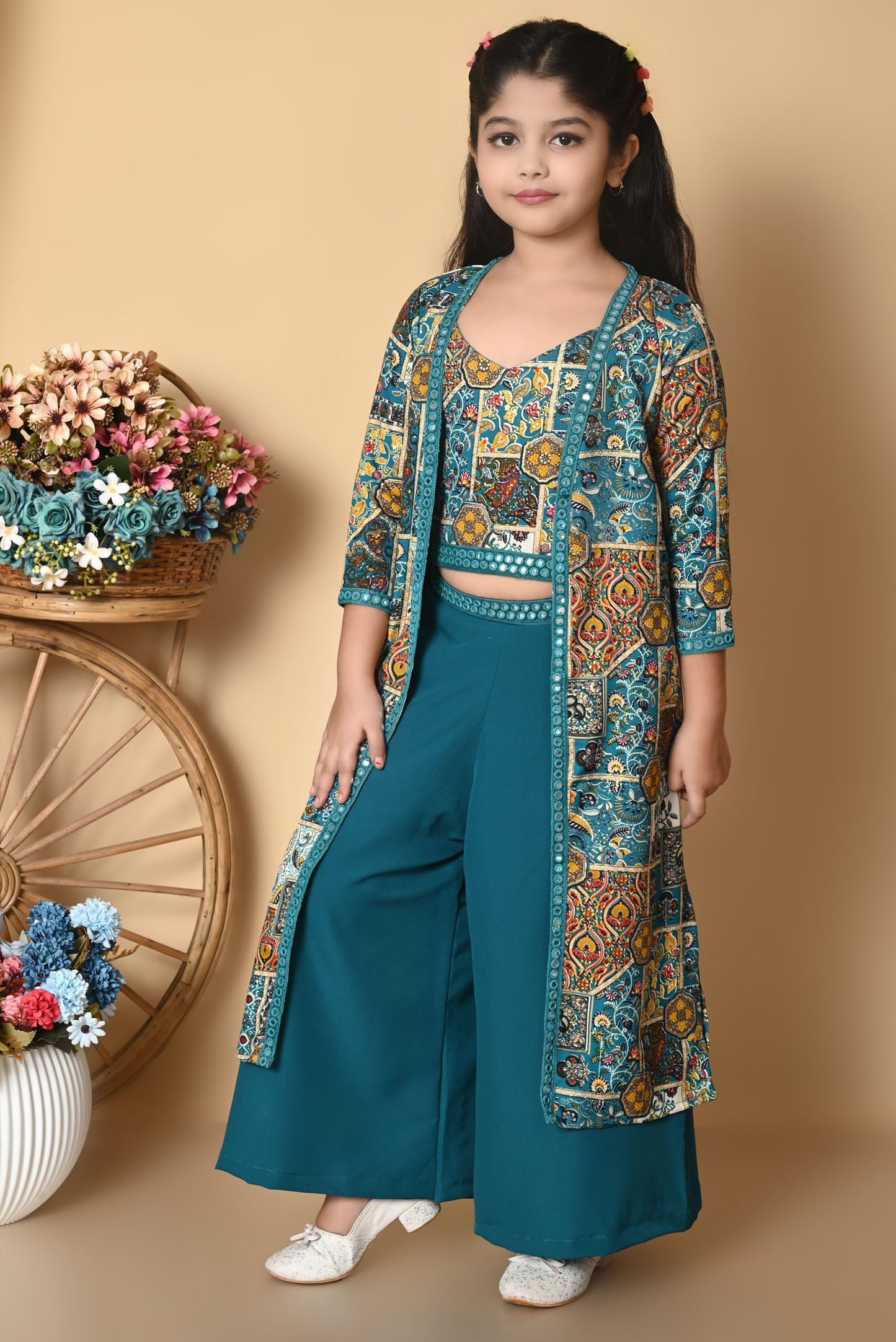 SPAMitude - Girls Self Designed Premium Cotton Blend Top Pant Jacket | 3pcs Party Dress for Girls I V Neck Stylish Sleeve Design Dress for Birthday Girl (Green, 11-12 Years) - GenZlyf