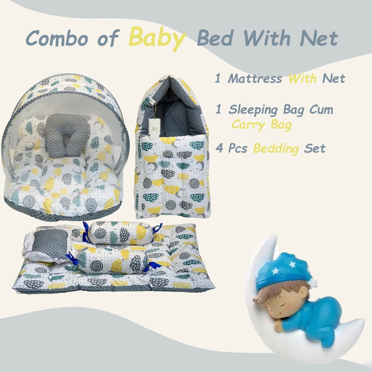 Infantbond Baby Mattress with net | Baby Carry Bag | 4 Pcs Bedding Set | Grey Sprial (0-6 Months) (Full Set) - GenZlyf