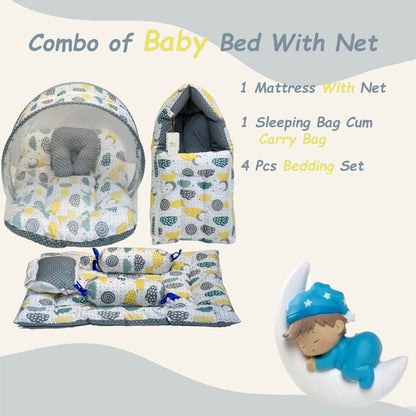 Infantbond Baby Mattress with net | Baby Carry Bag | 4 Pcs Bedding Set | Grey Sprial (0-6 Months) (Full Set) - GenZlyf